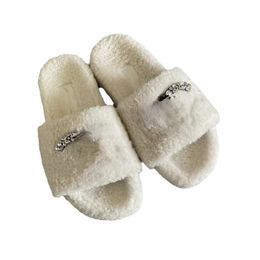 Luxury Plush Slippers with Logo Rhinestone Letter Imitation Lamb Hair Casual Home Shoes Autumn Winter
