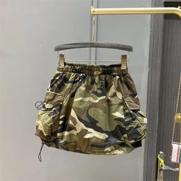 Skirts Camo Large Pocket Workwear Short Skirt Women's Summer Thin Drawstring Elastic Waist Sports Quick Drying A line Flower Bud 231123