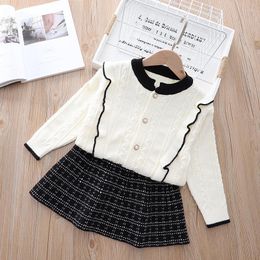 Clothing Sets Girls' Knitted Single Row Round Sweater And Plaid Pleated Skirt Two-piece Suit Toddler Clothes Fashion