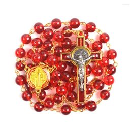 Chains Catholicism Red Glass Beads Necklace With Gift Box St Benedict Centrepiece Cross Rosary