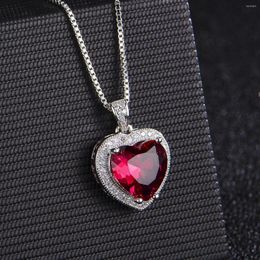 Chains European And American Heart-shaped Simulation Ruby Tourmaline Surround Inlaid Zircon Love Pendant Female Fashion Necklace