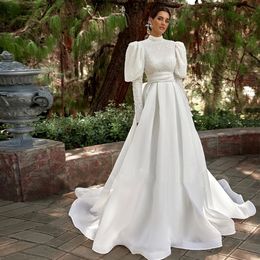 Beaded Sequins Muslim A Line Wedding Dresses For Bridal Big Bow Satin Bride Gowns Long Sleeve Chapel Train Mariee 326 326