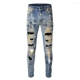 Men's Jeans Men High Street Patch Work Black Stones Patches Distressed Distroyed Paint Oil Slim Washed Blue Size 28-40