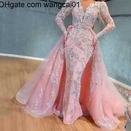 wangcai01Runway Dresses Plus Size Pink Sequins Mermaid Prom Dresses Egant Long Seves Evening Gowns 2021 Off Shoulder Women Cheap Formal Dresses