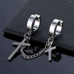 Backs Earrings SRCOI Stainless Steel Silver Color Double Cross Drop Clip For Women Teens Girl Jewelry Punk Long Chain Ear