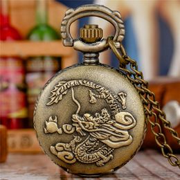 Bronze Vintage Retro Dragon Pattern Small Size Pocket Watches Mens Womens Quartz Analogue Watch Necklace Chain reloj de bolsillo241z