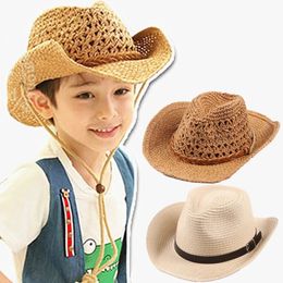 Caps Hats Handwoven Straw Cowboy Parent-child Hat Summer Western Cowboy Knight Hat Children Travel Sun Protection Sombrero with Chin Strap 231123
