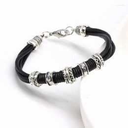 Charm Bracelets 2023 Vintage Rhinestone Circles Leather Rope Bracelet For Men Fashion Jewelry Punk Style Male Gift