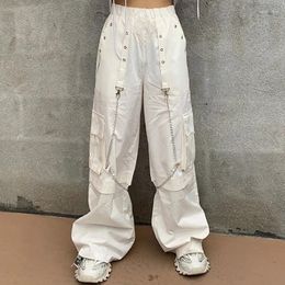 Women's Pants Women Summer Thin With Chain Cargo Loose Leisure Sweatpants Y2k Korea Style Fashion High-waist White Colour Trouser