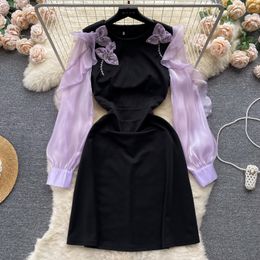 French retro dress summer new style wooden ear edge mesh long sleeved three-dimensional floral design and a sense of close-up waist skirt for the small crowd