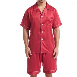 Men's Sleepwear 2PCS Summer Fashion Mens Silk Satin Pyjamas Set Solid Colour Short Sleeves Button Tops Loose Lounge Shorts Home Clothes