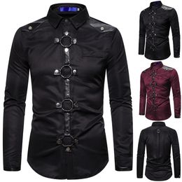 Men's Casual Shirts Men Goth Style Rivet Solid Colour Cargo Shirt Slim Fit Party Singer Stage Streetwear For Men Clothing 231122