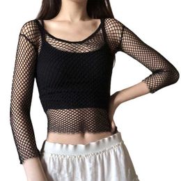 Women's T-Shirt Women Summer Hollow Mesh Grid Crop Top Long Sleeve Sexy Off Shoulder Fishnet T-Shirt See-Through Slim Cover Up Blouse P230328