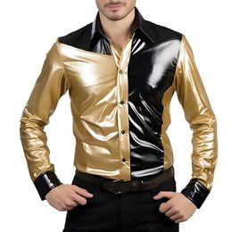 Men's Casual Shirts Mens Shiny Metallic Long Sleeve Shirt Fashion Dance Nightclub Stage Prom Dress Shirt Black Gold Patchwork Shirt for Men 231122
