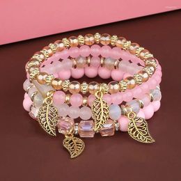 Charm Bracelets Kymyad 4pcs/set For Women Boho Jewellery Pink Beads Vintage Leaves Bracelet Set