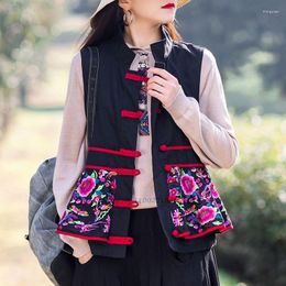 Ethnic Clothing 2023 Cotton Linen Harajuku Gilet Flower Embroidery Women Sleeveless Tops Traditional Vintage Waistcoat Chinese Tang Suit