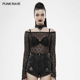 Women's T-Shirt PUNK RAVE Women's Gothic Retro Rebirth Transparent Lace Long Sleeve T-Shirt Strapless Collar Elegant Finger Design Cuffs Tops P230328