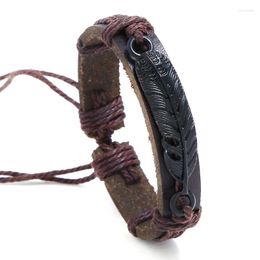 Bangle Punk Black Alloy Feather Charm Women Men Vintage Brown Genuine Leather Bracelets Adjustable Handmade Jewellery