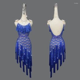 Stage Wear Latin Dance Competition Dress Costume Women's Lace Tassel Skirt Blue Suspenders Rhinestone Belt 2pcs