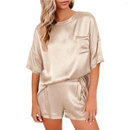 Women's Sleepwear Shorts Clothes Short Suit Sleeved Solid Colour Home Silk Imitation Pyjamas Irregular Two-piece Sexy Lingerie For Women