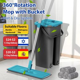 Mops Flat Squeeze Mop with Spin Bucket Hand Free Wringing Floor Cleaning Microfiber Pads Wet or Dry Usage on Hardwood Laminate 231122