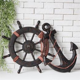 Mediterranean Style Fashion Ship Wooden Boat Beach VINTAGE Wood Steering Wheel Nautical Fishing Net Home Wall Decor Gifts 201212244I