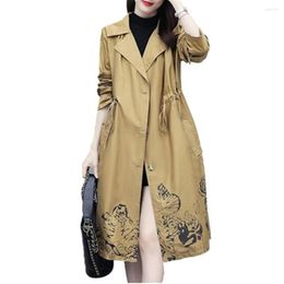 Women's Trench Coats Spring Autumn Women's Long Print Loose Female Windbreaker Drawstring Casual Trendy Lady Overcoats Clothing