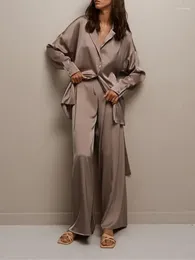 Women's Two Piece Pants Satin Ice Silk Suit-Style Suit Commuter Long-Sleeved Two-Piece Solid Color Button-Down Shirt With Belt And Long