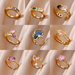 Band Rings Zircon Flame Drop For Women Gold Plated Stainless Steel Water Adjustable Ring Femme Wedding Party Jewellery Gift 231123