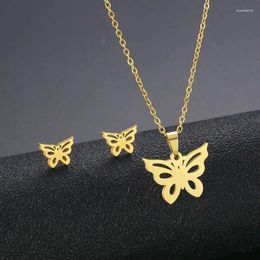 Necklace Earrings Set Mexican Fashion Butterfly Clavicle Chain Gold-plated Stainless Steel Three-piece