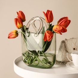 Vases Transparent glass bag vase creative fish tank decoration bubble flower handbag vase desktop Centre piece home decoration wedding tulip basket 230422