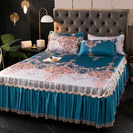 Bed Skirt 3 Pcs Home Machine Washable Bedroom Cool Mat Bed Spreads with Lace Skirt for Queen King Size Bed Pillowcase Include 230424