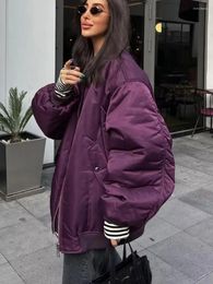 Women's Trench Coats Purple Quilted For Women Casual Loose Zipper Long Sleeve Solid Warm Bomber Jackets Autrumn Winter Streetwear Girls