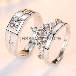 Band Rings Luxury AAA Zircon Couple Paired Rings For Women Men Flower Crown Proposal Promise Adjustable Rings WeddAnniversary Jewelry J231124