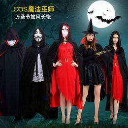 New Men's Halloween Costume for Children Halloween Woman Costumes Adult Woman Cloak Witch Hat Cosplay Wizard Halloween Party Costume