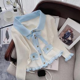 Women's Sweaters Short Cardigan Women Cropped Sweater Patchwork Bow Fashion Single Breasted Knitted Turn-down Collar 2023 Female Coat