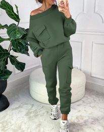 Women's Two Piece Pants Set Women Outfit Autumn Fashion Round Neck Pocket Design Long Sleeve Sweatshirt & Casual Plain Cuffed Sweatpants