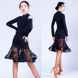 Stage Wear Spring Latin Dance Dress For Women Sexy Long Sleeve Lace Splice Practice Clothes Ladies Cha Samba Salsa Dresses DL5640