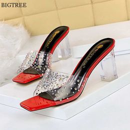 New Sexy Crystal Transparent PVC Women Slides Black Red White Patent Leather Shoes Open Toe High Heel Ladies Bride Sippers Party 230424