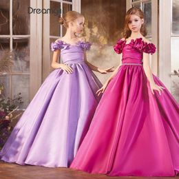 Girl Dresses Off-Shoulder Satin Ruffled Princess Birthday Party Dress Flower Ball Gown Puffy Top Evening For Kids