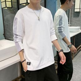 Men's T Shirts Four Seasons Long-sleeved T-shirt Trend Product Stitching Color Pure Cotton Casual Crew Neck Loose Top