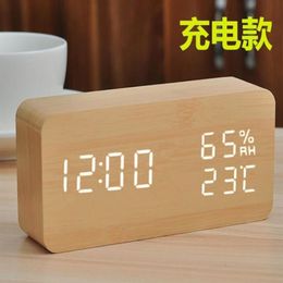 Alarm bell creative electronic led wood clock sound control gift medium rectangular temperature and humidity276H