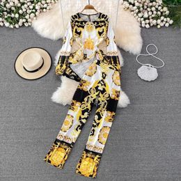 Women's Two Piece Pants ZHIO 2023 Fashion Printed High-Grade Round Neck Ruffled Waist-Controlled Top High Waist Skinny Trousers Two-Piece