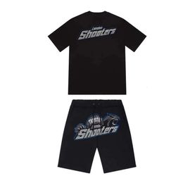 2023 Summer New Trapstar London Shooter Short-sleeved T Shirt Suit Chenille Decoding Black Ice Flavour 2.0 Men's Round Neck T-shirt Shorts 688ss