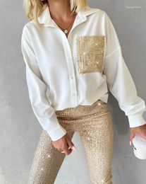 Women's Two Piece Pants Set For Women 2023 Autumn Sequin Pocket Design Turn-Down Collar Long Sleeve Shirt Top & Slim Pant Sets