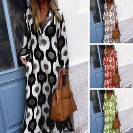 Casual Dresses Autumn Winter Dress Vintage Lady Maxi Colour Matching Print V Neck Lapel A-line Loose Fit Geometric