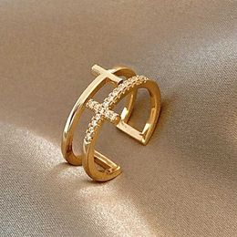 Band Rings Fashion Minimalist Gold Cross Ring Geometric Double Layer Open Adjustable Finger RFor Womens Party Wedding Jewelry Gifts J240516