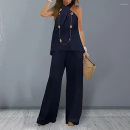 Women's Two Piece Pants OL Style Women Blouse Trousers Set Halter Neck Sleeveless Off Shoulder Vest Wide Leg Top Suit 2 Pieces Lady Outfit