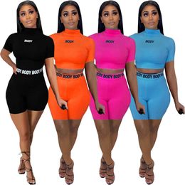 Women's Tracksuits Casual Letter Print Biker Set Women Tracksuit Shirt Crop Top and Short Pants Streetwear Sportsuit Fitness Summer Outfit P230419