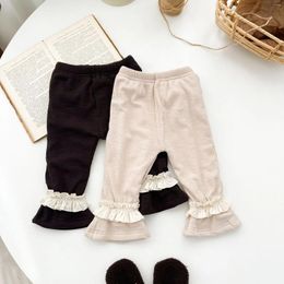 Trousers Autumn Winter Born Ribbed Fleece Warm Leggings Girl Infant Solid Ruffle Plus Velvet Thick Boot Cut Kid Fashion Cotton Pants